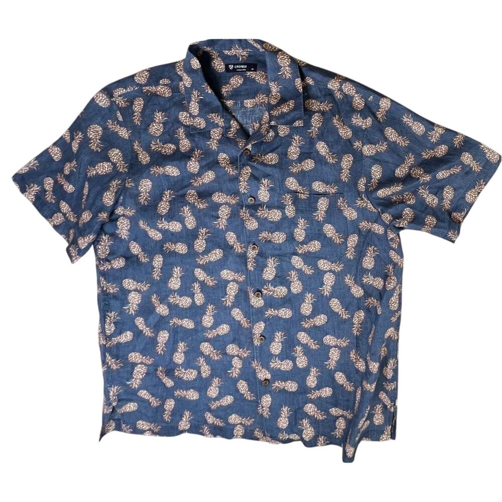 Cremieux Island Pineapple Tropical Linen Blue Button‎ Up Hawaiian Shirt LARGE